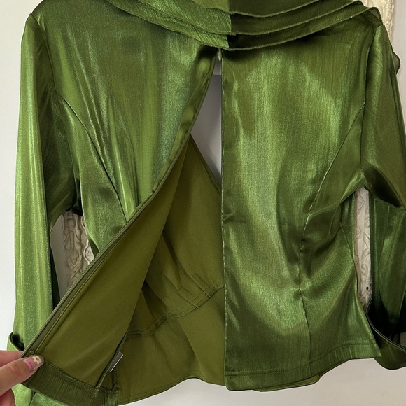COLDWATER CREEK | Olive Satin Blouse with Sheer Sleeves - Picture 14 of 16